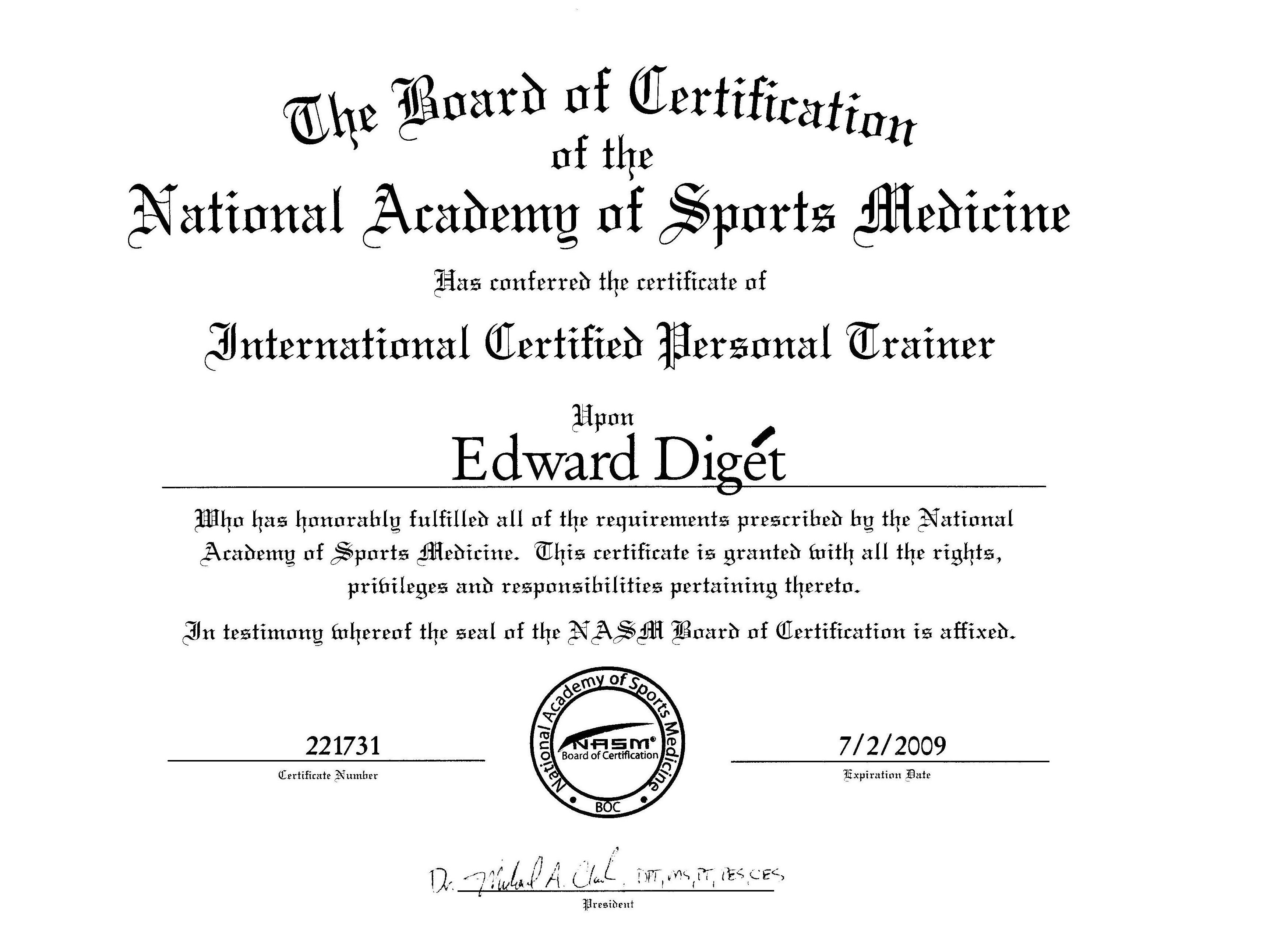 NASM International Certified Personal Trainer certificate